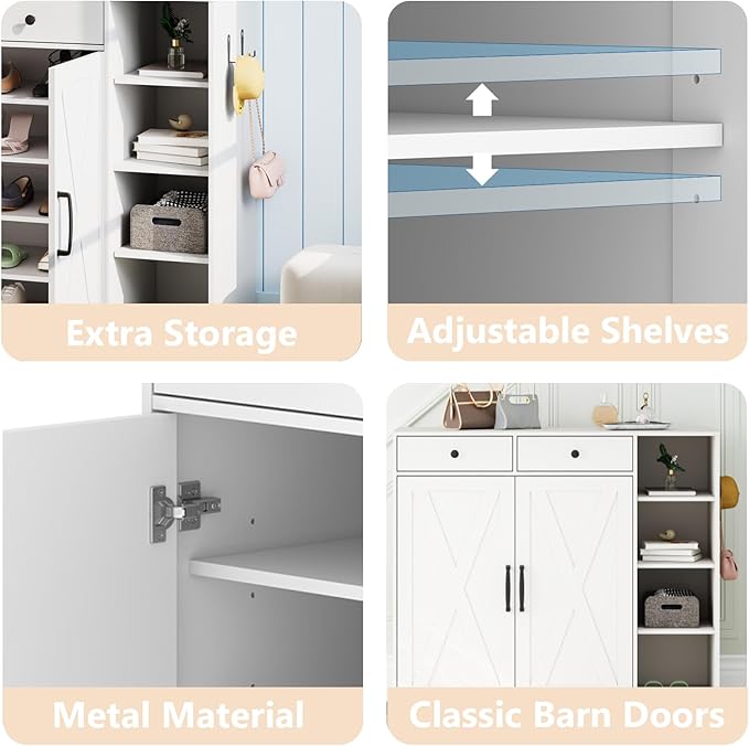 Shoe Cabinet for Entryway with Doors & 3 Open Racks, 4 Adjustable Shelves Storage Organizer for Hallway, Closet, Living Room