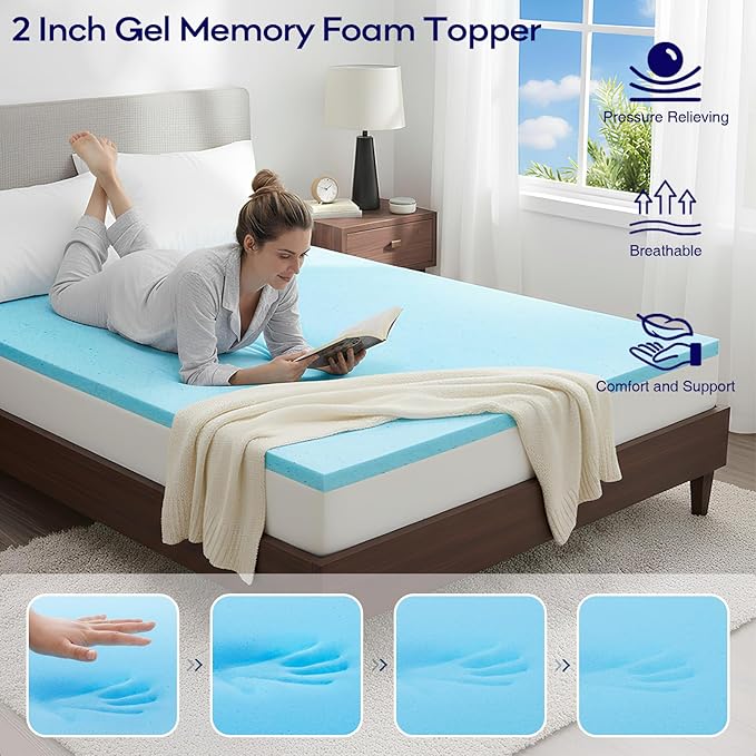 OLANLY Dual-Layer 4 Inch Twin XL Size Memory Foam Mattress Topper for College Dorm Room Essentials, 2 Inch Gel Memory Foam Topper, 2 Inch Cooling Pillow Top Mattress Pad Cover, Light Grey