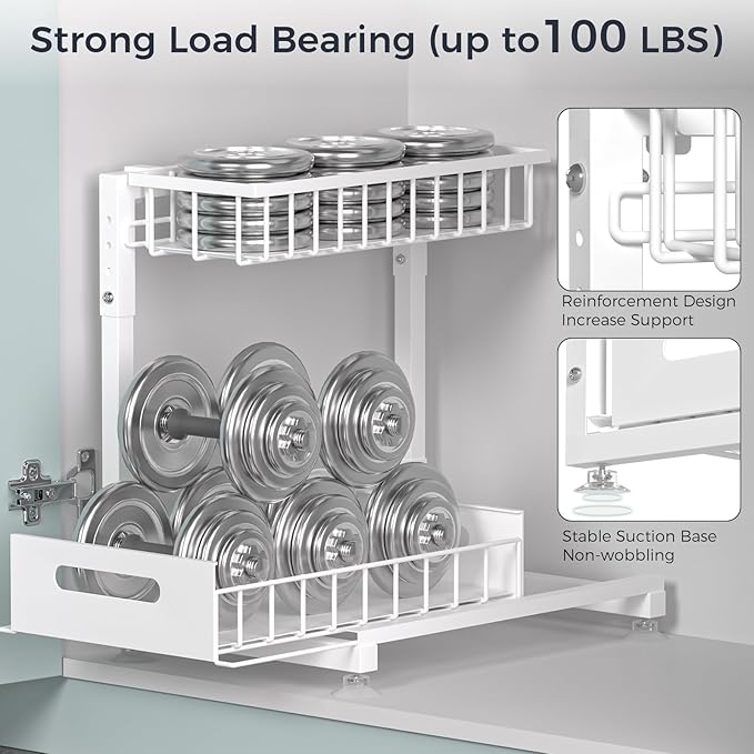 2 Pack Pro Under Sink Organizer Storage: Premium Metal 2-Tier Pull-Out Wire Basket Organizer, L Shape Height Adjustable, Easy Installation | Kitchen & Bathroom Cabinet Organizers White