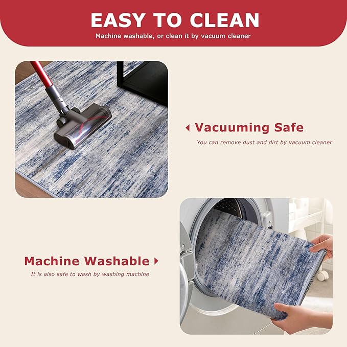 KOZYFLY Modern Abstract Round Washable Rug 5Ft, Non-Slip Soft Kitchen Bathroom Circle Rug, Grey-Blue Striped Entryway Rugs Abstract Faux Wool Doormat for Bedside Entrance Bedroom Sink