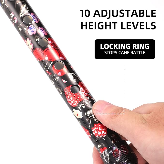 Walking Cane for Women & Men, Adjustable Quad Cane with 4-Prong Base for Stability and Balance, Folding Aluminum Walking Stick for Seniors