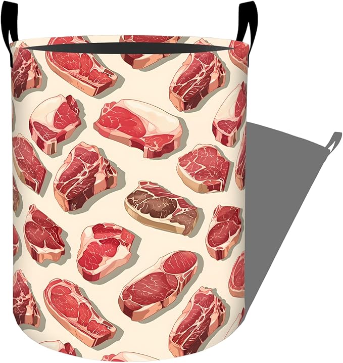 Realistic Steak Raw Meat Laundry Basket, Dorm Nursery Foldable Laundry Hamper Organizer for Bathroom Decor, Toy Clothes Storage Box for Bedroom 19.7x15.7 Inch