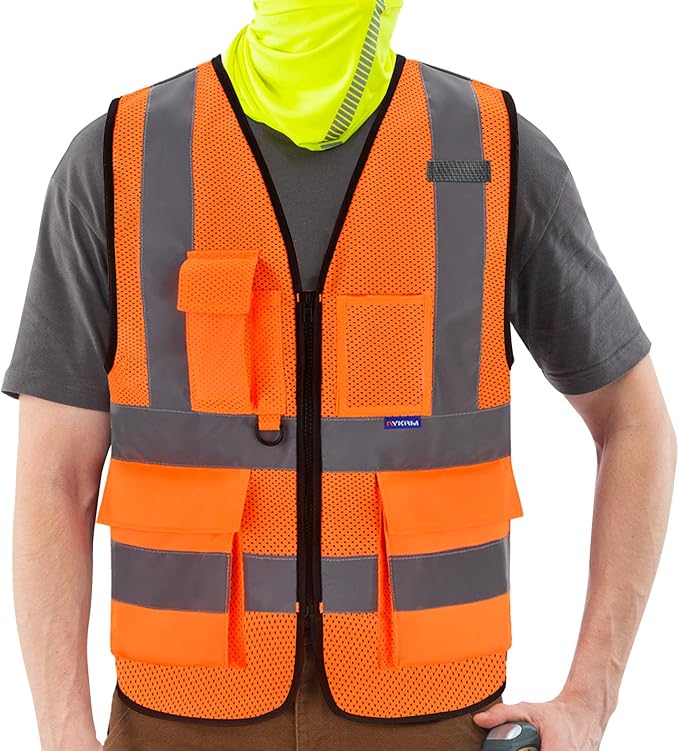 A-SAFETY High Visibility Mesh Safety Reflective Vest with Pockets and Zipper,Hi Vis Viz Reflective Safety Vest(Orange Mesh 6XL-8XL)