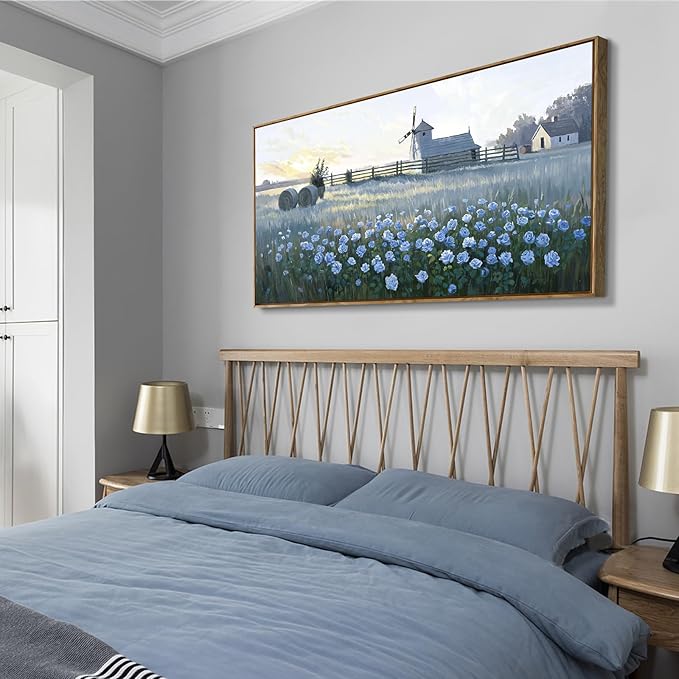 amatop Farmhouse Wall Art, Large Framed Canvas Print - Rustic Vintage Country Landscape with Blue Floral Sunset, Nature Artwork Picture for Dining Room, Living Room, Bedroom and Kitchen Decor (48x24 Inch)