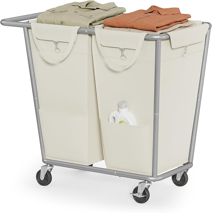 SONGMICS Laundry Basket with Wheels, 2-Section Laundry Sorter, 50.2 Gallons (190 L) Rolling Hamper with Removable Bags, Heavy-Duty Steel Frame, Cream White URLS009W01
