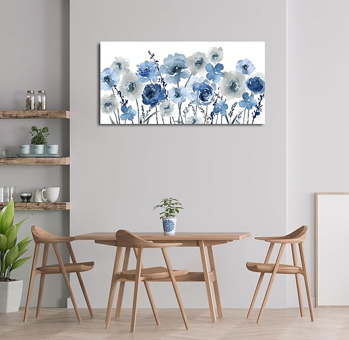 VEAEE Flowers Canvas Wall Art - Indigo Floral Canvas Pictures Living Room Wall Decor Botanical Canvas Prints Painting Abstract Artwork Bedroom Office Home Decor 20"x 40"