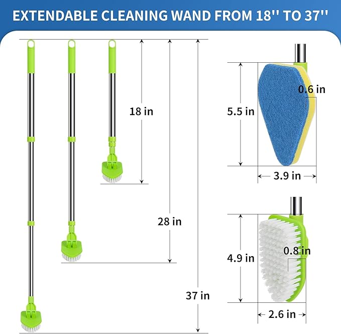 2 in 1 Scrub Cleaning Brush with 37” Long Extendable Handle,1 Stiff Bristle and 3 Sponge Brushes, Lightweigh Detachable Shower Scrubber for Cleaning Bathroom Shower Bathtub Glass Tile Floor