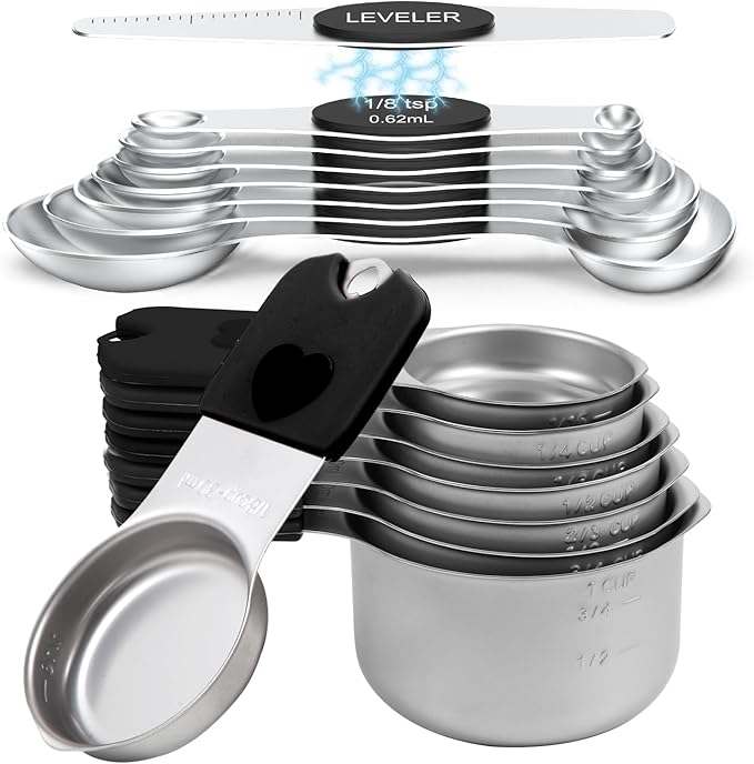 Magnetic Measuring Cups & Spoons Set, Strong N45 Magnets, Heavy Duty Stainless Steel Fits in Spice Jars for Baking & Cooking, BPA Free, Round Set of 15 with Leveler, Black