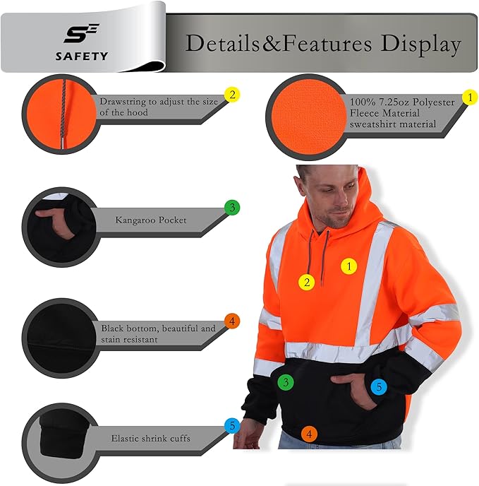 sesafety Class 3 High Visibility Sweatshirt for Men,Hooded Pullover,Hi-Vis Safety Hoodie Pullover Sweatshirt,Reflective Safety with Black Bottom
