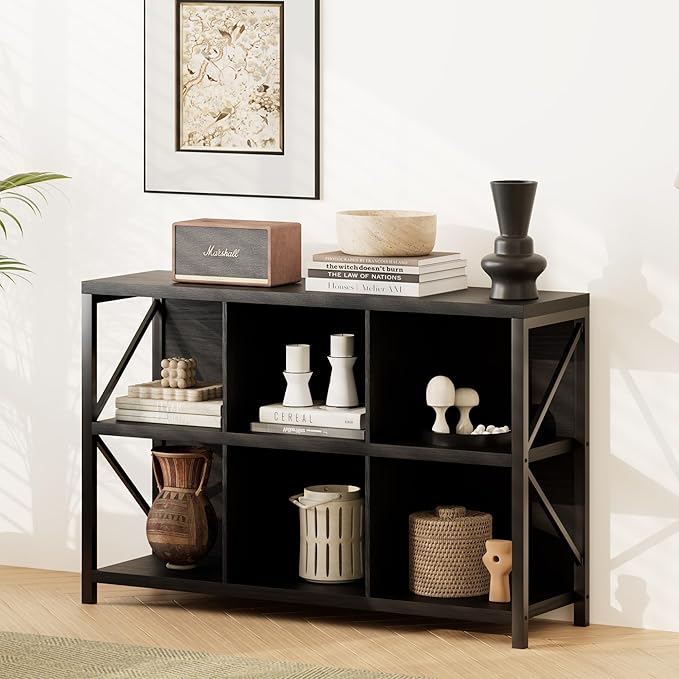 6 Cube Storage Organizer Bookshelf, Industrial Horizontal Bookcase, Accent Cubby Shelf, Media Console Table for Living Room, Home Office, 13.6" D x 47.2" W x 30.9" H, Black