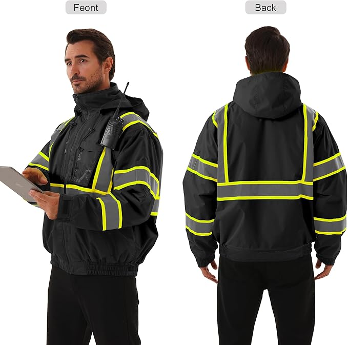Hi Vis Safety jacket for men,Reflective high Visibility Hooded jacket,Work Bomber Jacket with Pockets and Zipper,Waterproof,ANSI Class 3 Black,6XL