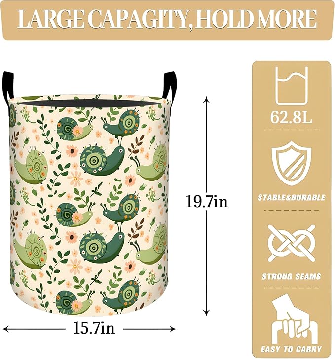 Whimsical Green Snails with Flowers Laundry Basket, Dorm Nursery Foldable Laundry Hamper Organizer for Bathroom Decor, Toy Clothes Storage Box for Bedroom 19.7x15.7 Inch