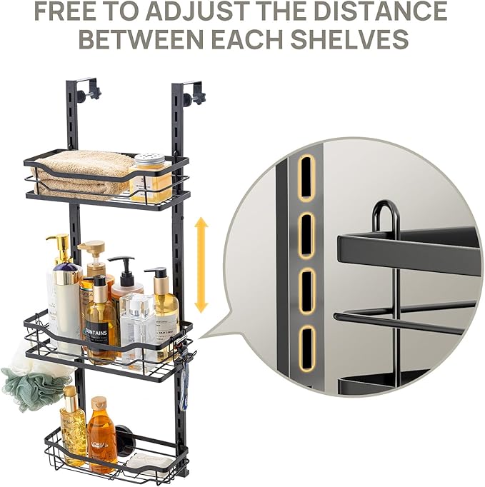LEVERLOC Over The Door Shower Caddy, Shelf Distance Adjustable Hanging Rack Sturdy Rust Proof Bathroom Shelves with Strong Suction Cup, Shower Organizer Basket Storage Rack, Metal Black