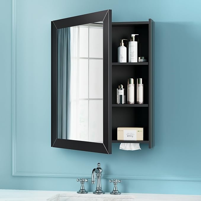 Bathroom Mirror Cabinet - Large Single Door 24x30 inchs Wall Cabinet Bathroom Vanity Mirror Cabinet with Facial Tissues Slot and Multifunctional Storage Area