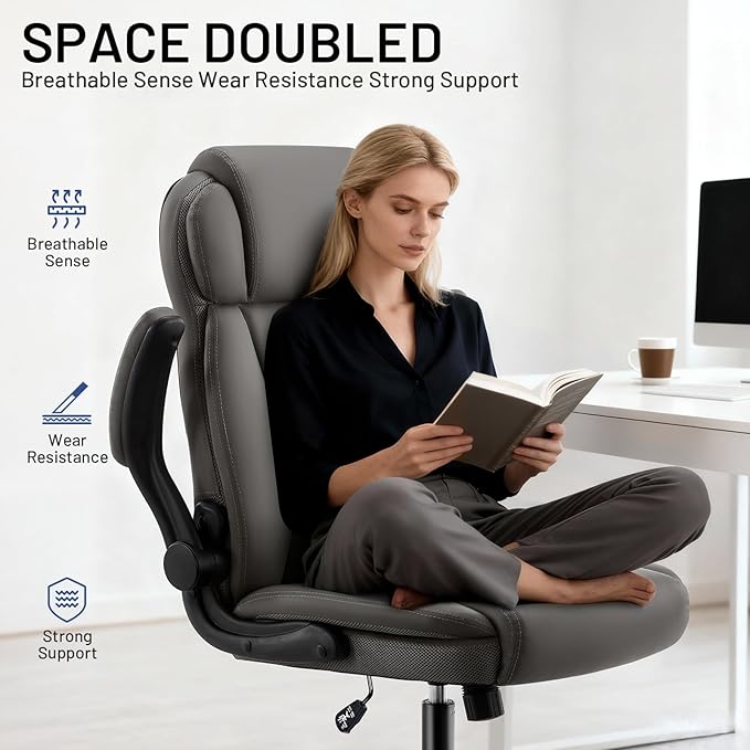 Ergonomic Office Chair with High Back Headrest, PU Leather Executive Desk Chair - Padded Flip-Up Armrests, Lumbar Support, Swivel Computer Chair for Home Office & Gaming, Gray