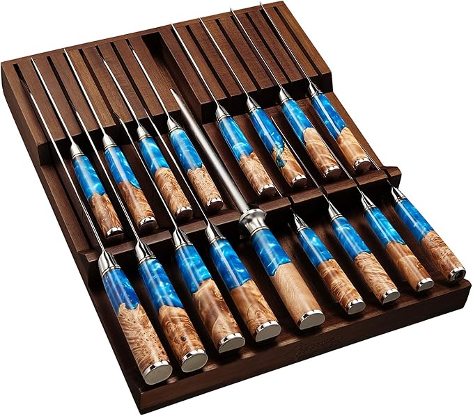 SENKEN In-Drawer Knife Block, Natural Acacia Wood Kitchen Knife Drawer Organizer, Holds 16 Knives + 1 Sharpener Slot for 17 Total Slots, Includes Steak Knife Slots, Space Saving Knife Storage Solution