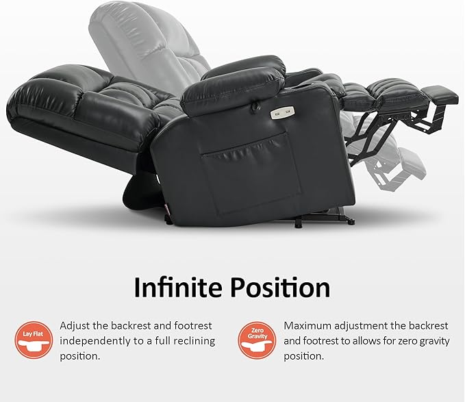 MCombo Dual Motor Power Lift Recliner Chair for Elderly, Lay Flat Lift Chair with Heat and Massage, Petite Wide Lift Chair, Cup Holders, USB A&C Ports, Faux Leather R7894 (Black, Small-Wide)