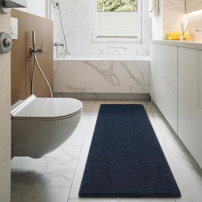 LOCHAS Luxury Bathroom Rug Shaggy Bath Mat 24 x 60 Inch, Washable Non Slip Bath Rugs for Bathroom Shower, Soft Plush Chenille Absorbent Carpets Mats, Navy