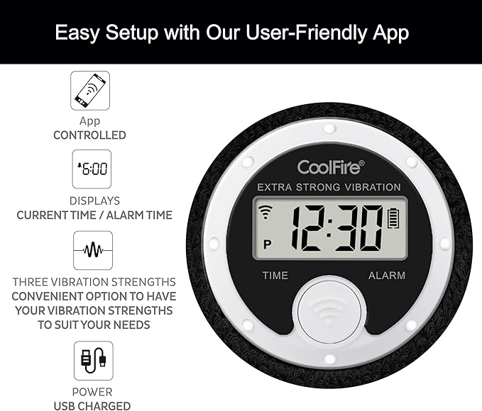 Coolfire - Vibrating Alarm Clock Sweatband, Silent Wake Yourself Up Wristband Vibrating Alarm Watch for Couples, Students, Easy to Set on User-Friendly App, Hearing Impaired, USB Chargeable (Black)
