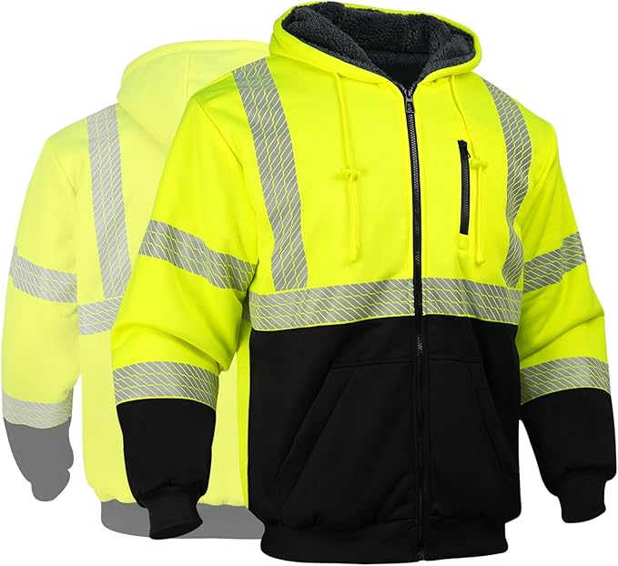 Hi Vis Hoodie Reflective Safety Jacket for Men,Class 3 High Visibility Sweatshirt Zipper for Work Construction