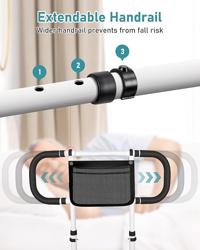 AMOVO Bed Rails for Elderly Adults Safety Bed Guard Rails for Seniors Extended Handle Bed Assist Rail with Sensor Light Storage Pouch, Stable Bedside Cane Support Bar Grab, Fit King Queen Full Twin