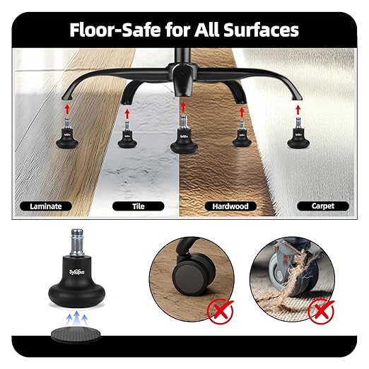 Sytopia Office Chair Bell Glides Replacement, Fixed Feet Wheel Stopper for Swivel Chairs and Stools, 7/16" x 7/8" Stem, Separate Self-Adhesive Felt Pads, Non-Slip Base, Quiet & Easy Install, 5 Pack