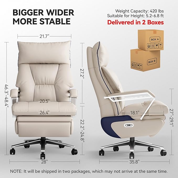 M80A Dual Motor Electric Executive Office Chair with Footrest, Comfortable Reclining Office Chair Wide Seat, Big and Tall Ergonomic Leather Home Office Desk Chair (Beige,No Massage)