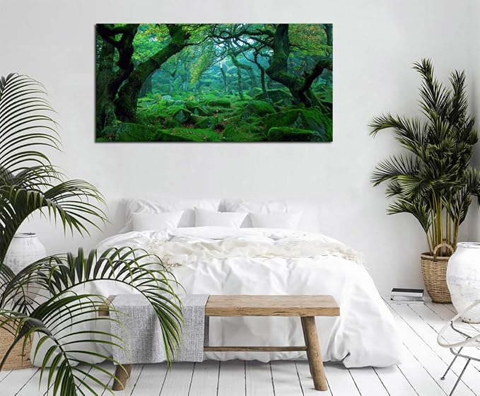 Green Forest Canvas Wall Art Living Room Decoration Big Trees Nature Picture Large Modern Canvas Artwork Contemporary Woods Mossy Rock Spring Season Prints for Kitchen Office Home Decoration 29" x 58"