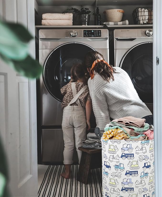 19.7 Inch Round Laundry Clothes Hamper Laundry Basket with Handles,Storage Organizer Bins Laundry Gift Basket for Room, Bedroom Decor (Engineering vehicle)