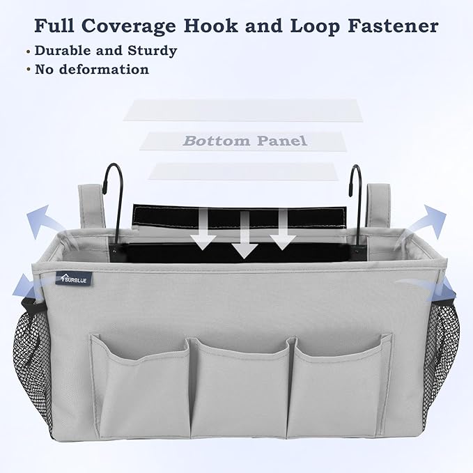 Surblue Bedside Organizer with Hook Bedside Caddy Hanging Storage Bag with Adjustable Straps and Water Bottle Holder for Home College Dorm Bunk Bed Accessories, Crib Bed, Hospital Bed,Lightgrey,2PCS
