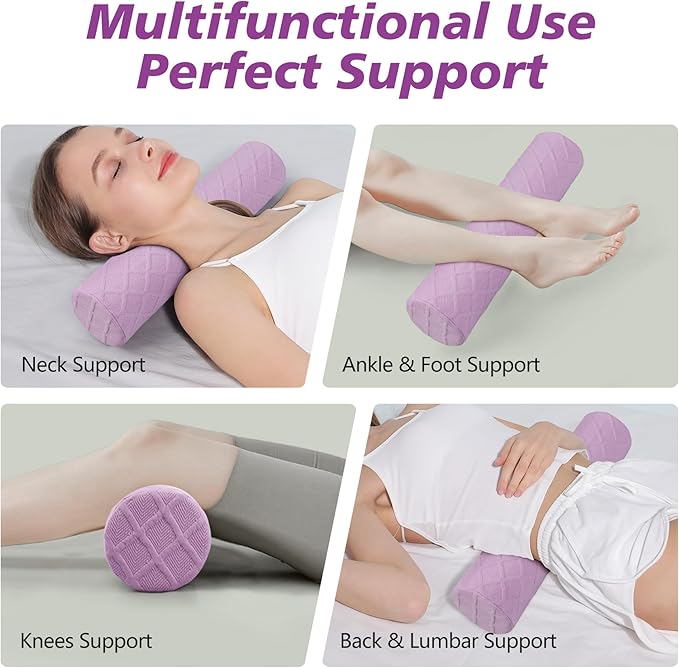 Cozyhealth 3.1" H Small Cervical Roll Pillow, Medium Soft Memory Foam Neck Round Pillow Cylinder Bolster Pillow for Sleeping, Round Neck Support for Bed, Legs, Back and Yoga (Purple, Small - 3.1" H)