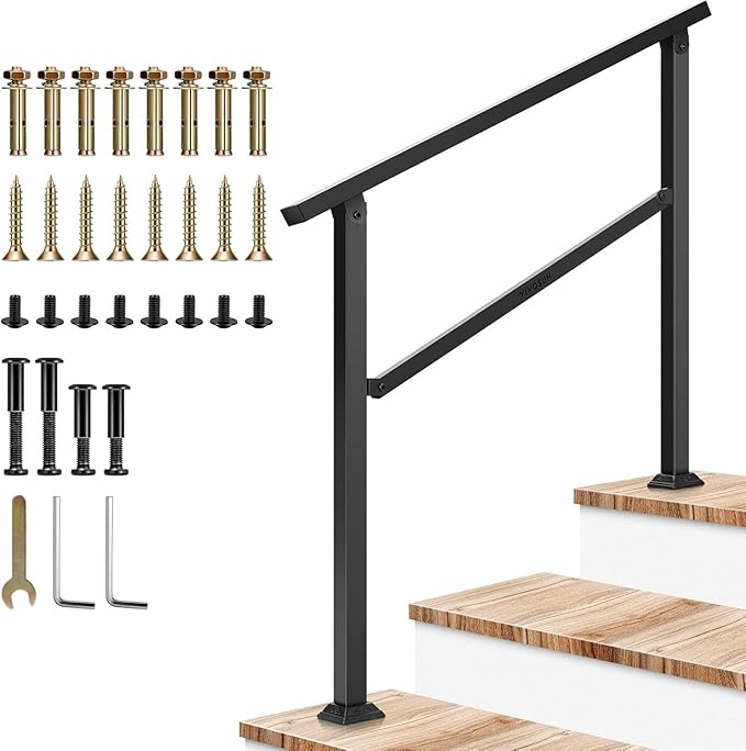 VIVOSUN Outdoor Handrail, 3 Step Stair Handrail, 40" x 36" Fits 1 to 3 Steps, Wrought Mattle Iron Handrail for Concrete Steps, Porch Steps, One-Step Assembly, Black