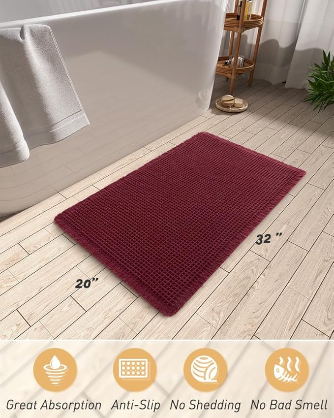 Upgraded Christmas Waffle Bath Mat, Super Absorbent Non Slip Bath Mats for Bathroom Floor, Machine Washable Bathroom Rugs with Tassels, Rubber Backed Bathroom Mats, Ultra Soft, 20" x 32", Burgundy
