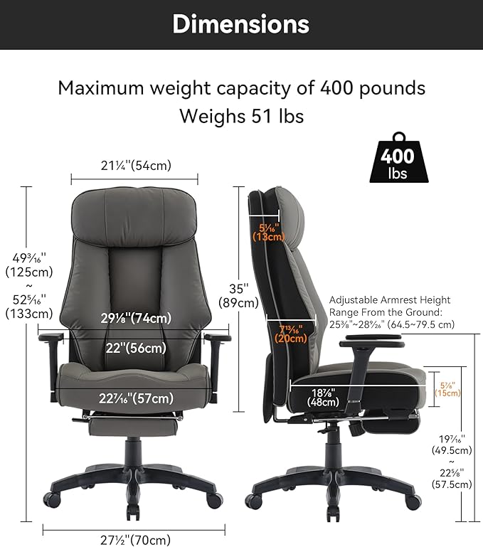 DJ·Wang Big and Tall Office Chair 400lbs with Foot Rest, High Back Executive Office Chair with Extra-Thick Spring Cushion, Ergonomic Leather Chairs Dark Gray