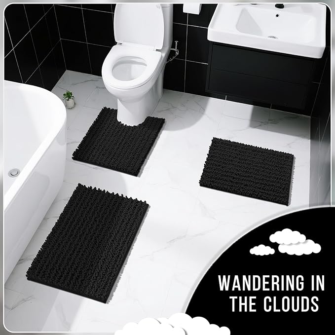 Yimobra Bathroom Rugs Sets 2 Piece - Quick Dry Extra Thick Luxury Chenille Bath Mat, Non Slip Super Absorbent for Tub Shower Sink, Machine Washable Shaggy Floor Mat, 32"x20"+24"x20" Inch, Black