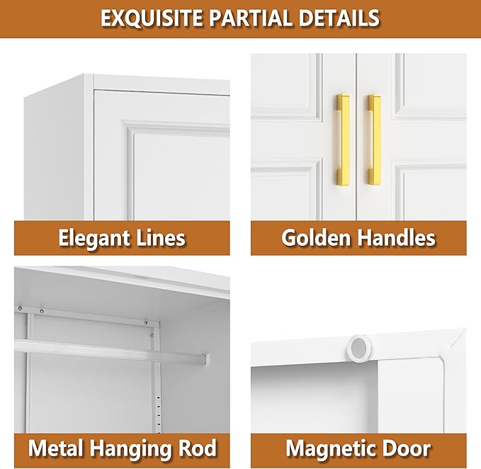 Metal Armoire Wardrobe Closet with Three Drawers, 71“ Tall Large Wardrobe Cabinet with Hanging Rod, Freestanding Wardrobe Cabinet with Doors and Shelves for Bedroom, White, Assemble Required