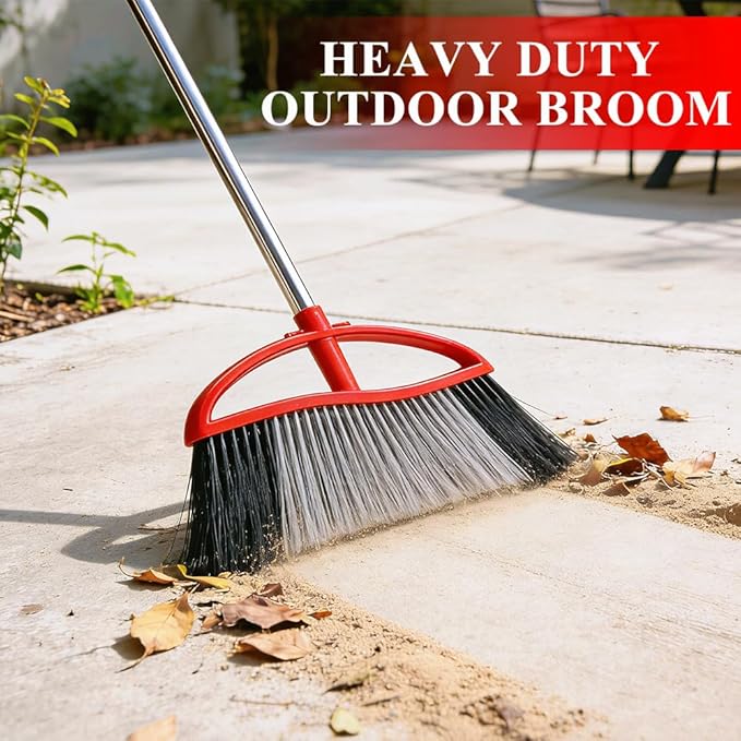 2-Pack Outdoor Heavy Duty Broom Set, 15.7" Wide Angle All-Terrain Sweepers with Long Adjustable Handle & Stiff Bristles for Patio, Garage, Yard, Garden (Black&Red)