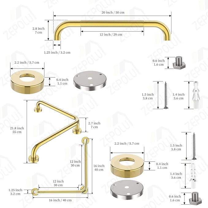 Polished Gold L-Shaped Grab Bar 16x16 Inch + Knurled Shower Grab Rail 20 Inch, Zepolu Stainless Steel Angled Toilet Safety Bar, Bathroom Mobility Aid Handrail, Balance Support Assist Bar for Senior