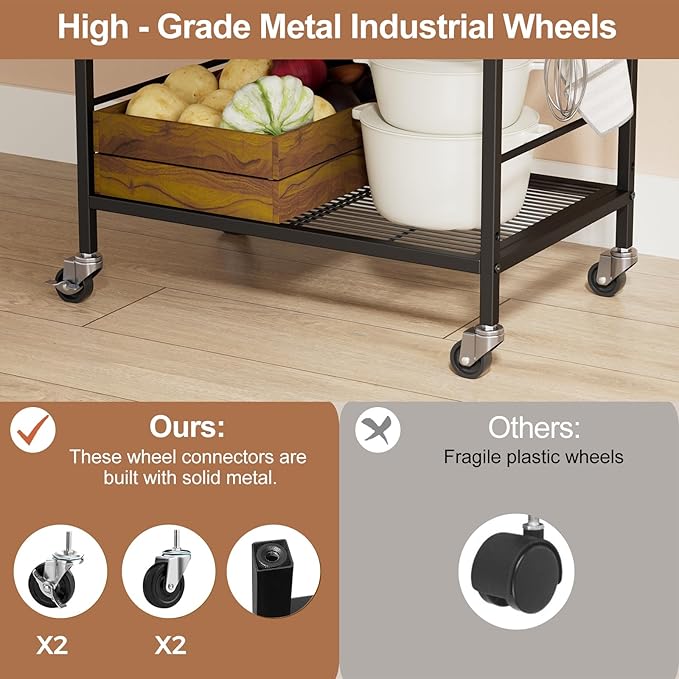3-Tier Kitchen Cart with Adjustable Shelves - Microwave Storage Cart & Utility Rolling Organizer, Industrial Wheels for Small Spaces, 15.7"x23.6"x33.7" Kitchen Office Living Room Metal Rack