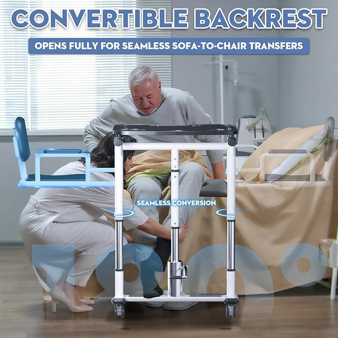 Drexo Patient Lift Transfer Chair, 5 in 1 Patient Lift Chair with 180°Split Seat, Height Adjustable Patient Transfer Chair with 4 Casters for Home Seniors Elderly, Load 450Lbs (Enlarge, Silver)