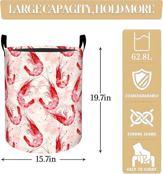Watercolor Red Shrimp Laundry Basket, Dorm Nursery Foldable Laundry Hamper Organizer for Bathroom Decor, Toy Clothes Storage Box for Bedroom 19.7x15.7 Inch