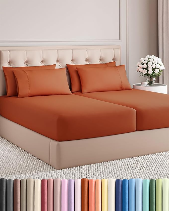 Split King 7 Piece Sheet Set - Cooling & Breathable Bed Sheets - Hotel Luxury Bed Sheets for Women, Men, Kids & Teens - Deep Pockets - Easy Fit - Soft and Wrinkle Free - Split King Terracotta Sheets
