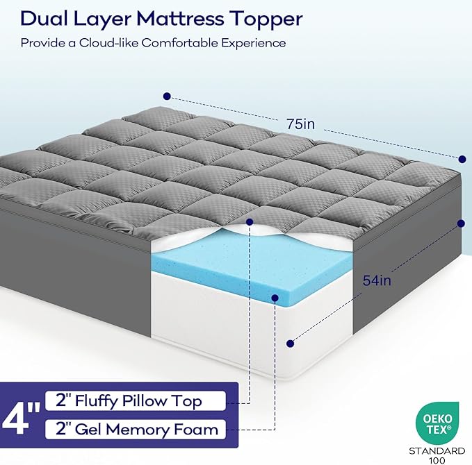 OLANLY Dual-Layer 4 Inch Full Size Memory Foam Mattress Topper for Back Pain, 2 Inch Cooling Pillow Top Mattress Pad Cover and 2 Inch Gel Memory Foam Topper, Deep Elastic Pocket, Grey