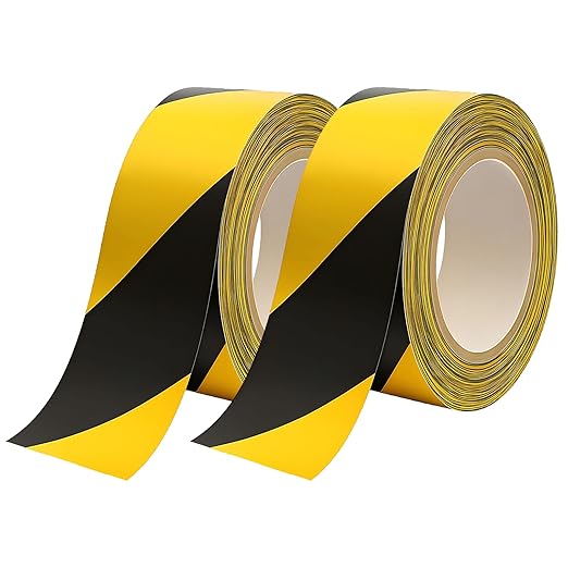 2 Inch x 220FT Black & Yellow Warning Tape Caution Tape | Strong Adhesive, Waterproof, Wear Resistant, Durable Safety Stripe for Floors Walls Stairs Industrial Home Garage Factory Equipment