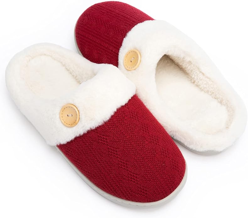 Chantomoo Womens Slipper Warm Comfy Memory Foam House Slippers Knitted Shoes Faux Fur Lined Anti-Skid Rubber Sole Bedroom Cozy Indoor Outdoor Slippers