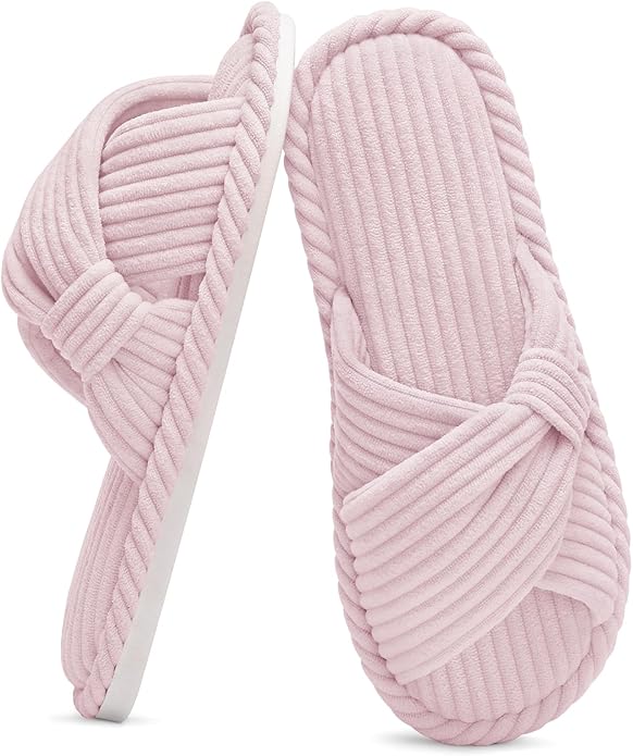 Evshine Fall House Slippers for Women Corduroy Cross Bow Indoor Slippers Open Toe Slip On Bedroom Shoes with Memory Foam