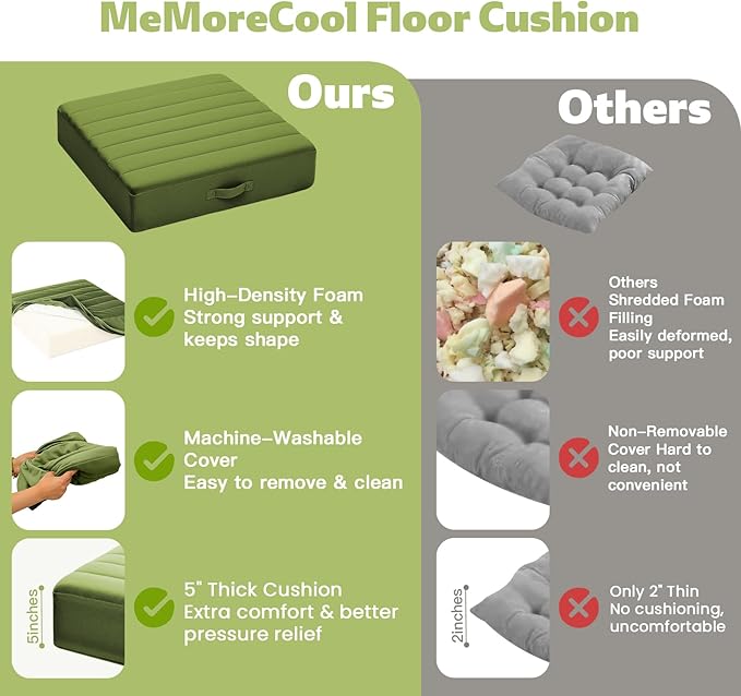 MeMoreCool Square Floor Pillows for Adults Kids, 2 Sets Large Meditation Cushion with 5" Thick Foam and Washable Tufted Cover, 22 Inch Green Seat Floor Cushions for Sitting and Yoga