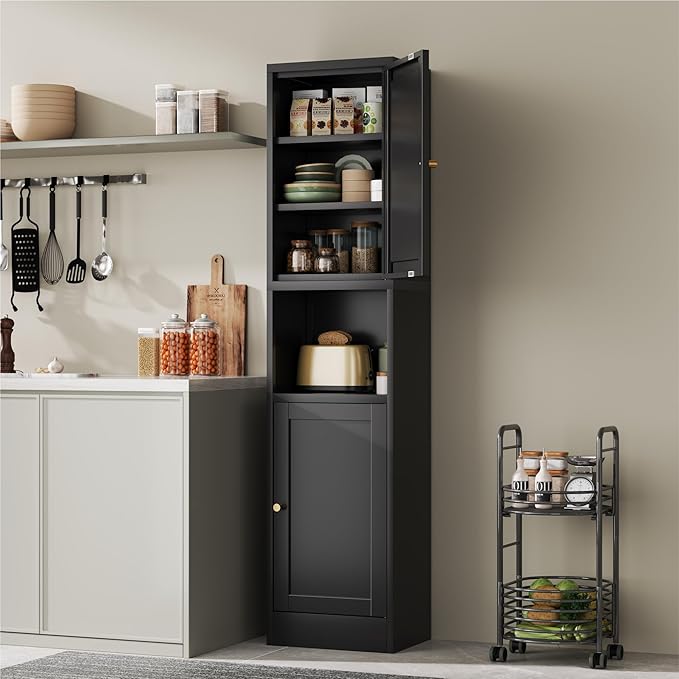 2-Door Metal Storage Cabinet, Tall Slim Pantry Organizer with 3 Adjustable Shelves (120LBS/Shelf), Anti-Tipping Waterproof Cabinet for Bathroom/Kitchen/Home Office/Small Spaces, (1PC,Black)