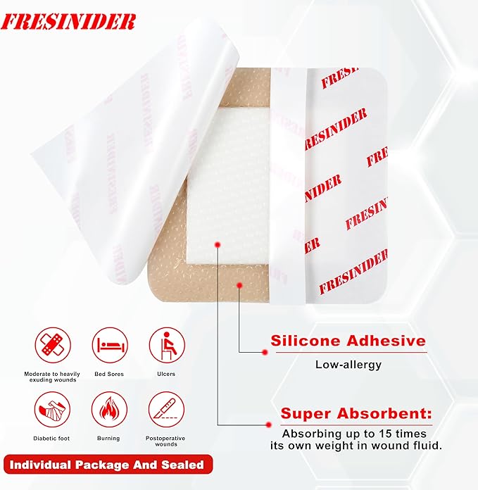 FRESINIDER Silicone Foam Dressing with Adhesive Border – Wound Dressing Bandage – Silicone Foam Pad – Pack of 20 – 2 x 2 Inches Large Waterproof Bandages – Self Adhesive Wound Care and Dressings