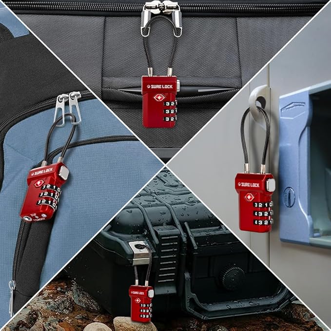 SURE LOCK TSA Approved 3-Digit Combination Luggage Locks – Open Alert Indicator, Re-settable Code with Zinc Alloy Body, Easy-Read Dials for Suitcase, Backpack, Gym Locker & Toolbox (Multiple Colors)